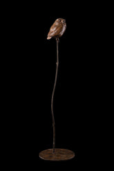 Bronze sculpture of an owl perched on a branch against a black background