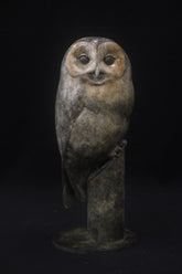 Bronze sculpture of a tawny owl perched