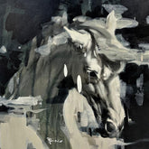 Abstract painting of a horse's head with a signature at the bottom right corner.