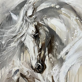 Abstract painting of a horse's head with dynamic brush strokes in gray, white, and black.