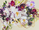 Colorful floral arrangement with white, purple, and pink flowers on a beige background
