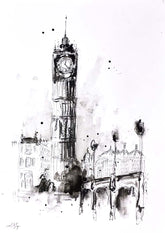 Black and white illustration of a clock tower.