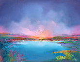 Colorful landscape painting with a large body of water and distant mountains.