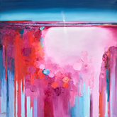 Abstract painting with pink, red, and blue colors