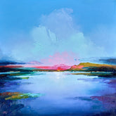 Abstract painting of a landscape with a blue sky and colorful ground.