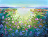 Abstract painting with a central light circle surrounded by colorful, circular patterns.