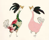 Two stylized roosters with decorative patterns on a beige background