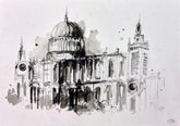 Black and white sketch of a large architectural building with a dome