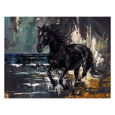 Artistic depiction of a black horse running on a textured background