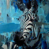 Artistic depiction of a zebra with a blue and gray abstract background