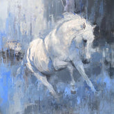 abstract oil painting of white horse on blue and grey background