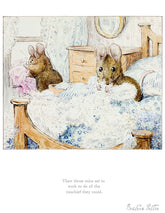 Illustration of two mice in bed with a wooden nightstand and mirror in the background, featuring text at the bottom.