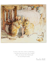 Illustration of two mice with a glass of milk and bones, from Beatrix Potter's 'The Tale of Tom Kitten'.