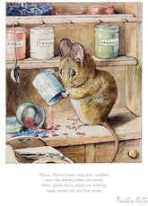 Illustration of a mouse with a canister on a wooden dresser