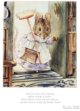 Illustration of a mouse with a broom standing at a door, with text underneath.
