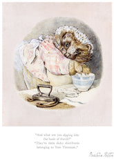 Illustration of a hedgehog in a dress with a basin and towel, from Beatrix Potter's 'Tom Titmouse'.