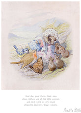 Illustration of a mouse in a dress surrounded by animals on a light background