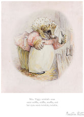 Illustration of a hedgehog character from Beatrix Potter's books, standing at a door.