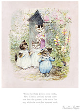 Illustration of three kittens in a garden with a birdhouse.