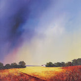 A landscape painting of a vast golden field under a dramatic sky, with a dark stormy blue-purple cloud formation on the left and a pale yellow horizon. A small white house with a red roof sits near a line of dark trees on the horizon.