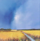 Artwork of a vibrant yellow meadow surrounded by green trees under a cloudy blue sky.