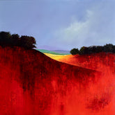 Painting of a landscape with red fields, green trees, and a blue sky.