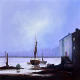 Harbor scene with boats and buildings under a misty sky