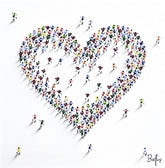 Heart shape created by small people icons on a white background