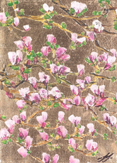 pink and white cherr blossom branches on a brnze matalic background