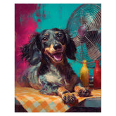Painting of a dachshund sitting at a table with bottles and a fan in the background