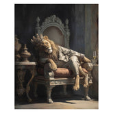 Lion wearing a crown sitting on an ornate chair in a dark room.