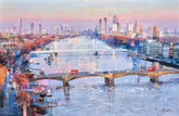 London Cityscape featuring the iconic bridges with a sunrise
