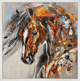 Abstract painting of a horse's head with brown, orange, and gray colors on a light background.