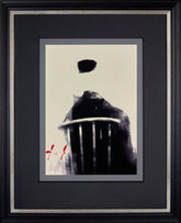 Framed artwork of a black and white silhouette with red accents on a gray background