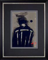 Framed artwork of a stylized figure with a hat and uniform on a gray background