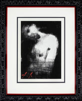 Framed black and white artwork of a nude figure with red signature.