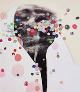 Collage of a black and white cat with colorful polka dots on a beige background