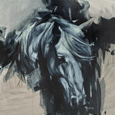 Abstract painting of a horse's head with a neutral background