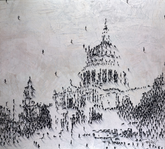 Artistic depiction of a large crowd gathered around a central building with a dome.