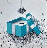 Illustration of a large blue gift box with a diamond above it, surrounded by small people on a white background.