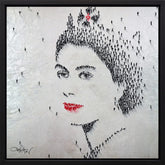 Artistic depiction of a face made from small figures on a light background