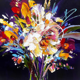 Colourful abstract painting of flowers on a dark background