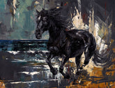 Painting of a black horse in an abstract setting