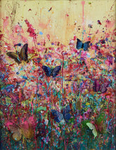 Colorful abstract painting of butterflies and flowers