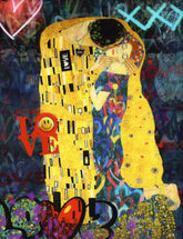 Artistic reinterpretation of 'The Kiss' with colorful elements and text overlay