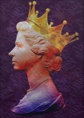 Artistic depiction of a bust with a crown on a purple background
