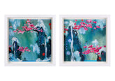 A pair of framed abstract landscape paintings featuring teal and blue waterfalls, white splashes, and bright pink cherry blossom branches, displayed side-by-side on a white background.