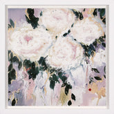 Abstract floral painting with white flowers and green leaves on a multicolored background