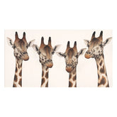 Four giraffe heads arranged in a row on a beige background