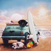 A colorful beach scene artwork showing a green vintage car on sand with a surfboard, a white character in the back, a black dog sitting in the car, a white dog lying on the sand, and a multicolor beach ball near the front.